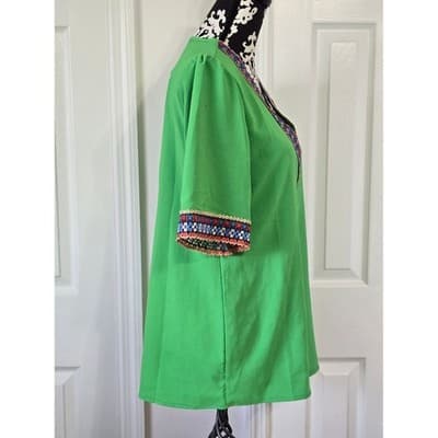 Vibrant Green Embroidered V Neck Tunic Top Women's Boho Festival Chic Style - Thumbnail 4