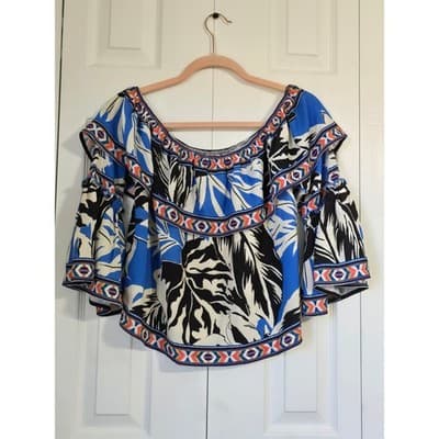 Flying Tomato Blue Tropical Leaf Off Shoulder Boho Top IT10005-TJ Small - Thumbnail 2