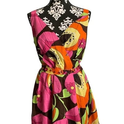 Avenue Floral Sleeveless Belted Midi Dress Women 14 Brown Pink Orange Green - Thumbnail 10