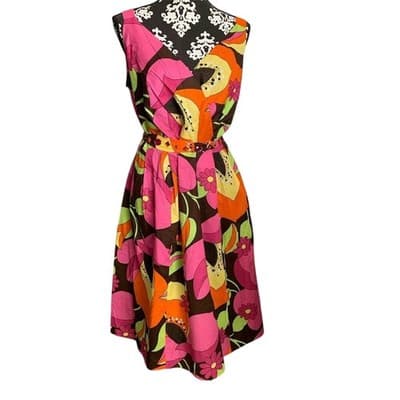 Avenue Floral Sleeveless Belted Midi Dress Women 14 Brown Pink Orange Green - Thumbnail 9