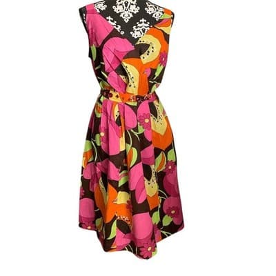 Avenue Floral Sleeveless Belted Midi Dress Women 14 Brown Pink Orange Green - Image 1