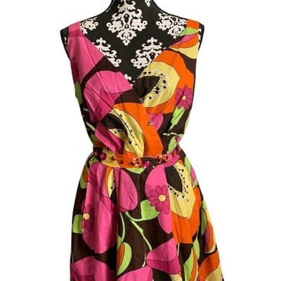 Avenue Floral Sleeveless Belted Midi Dress Women 14 Brown Pink Orange Green - Thumbnail 13