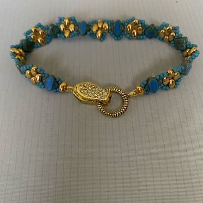 Gold Tone Blue Seed Beads Magnetic Closure Tennis Bracelet Party - Thumbnail 3