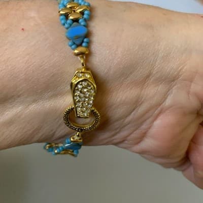 Gold Tone Blue Seed Beads Magnetic Closure Tennis Bracelet Party - Thumbnail 8