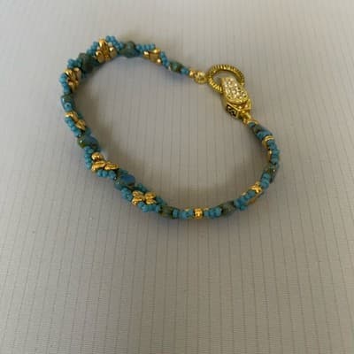 Gold Tone Blue Seed Beads Magnetic Closure Tennis Bracelet Party - Thumbnail 2