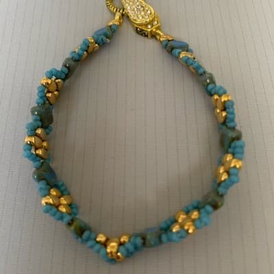Gold Tone Blue Seed Beads Magnetic Closure Tennis Bracelet Party - Thumbnail 5