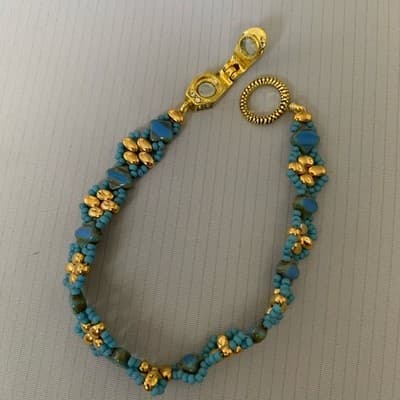 Gold Tone Blue Seed Beads Magnetic Closure Tennis Bracelet Party - Image 1
