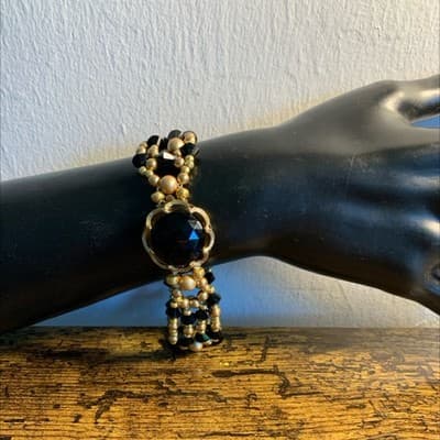 Handmade Victorian Style Beaded Bracelet Dainty Bridal Gold/Black Jewelry - Image 1