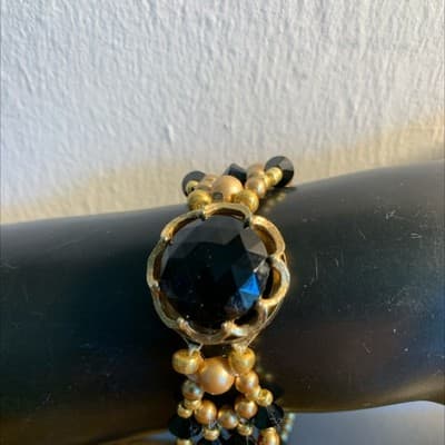 Handmade Victorian Style Beaded Bracelet Dainty Bridal Gold/Black Jewelry - Thumbnail 2