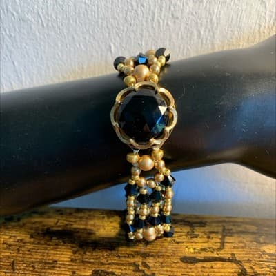Handmade Victorian Style Beaded Bracelet Dainty Bridal Gold/Black Jewelry - Thumbnail 3