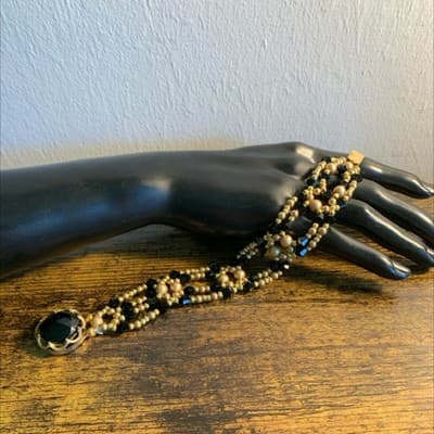 Handmade Victorian Style Beaded Bracelet Dainty Bridal Gold/Black Jewelry - Thumbnail 5