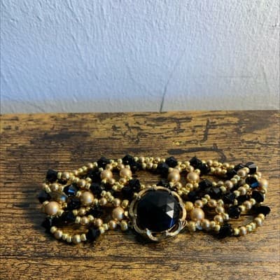 Handmade Victorian Style Beaded Bracelet Dainty Bridal Gold/Black Jewelry - Thumbnail 4