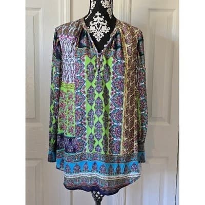 Shana PXL Patchwork Paisley Print Tunic Top Long Sleeve V-Neck Boho - Image 1