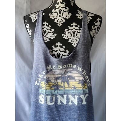 SO Perfectly Soft Blue Burnout Graphic Tank Top Take Me Somewhere Sunny Large - Thumbnail 3