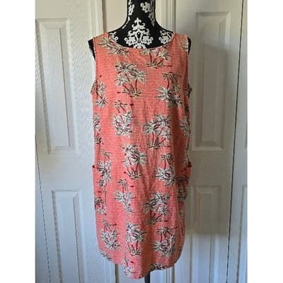 White Stag Coral Palm Tree Script Print Sleeveless Pocket Dress Ladies Large - Thumbnail 11