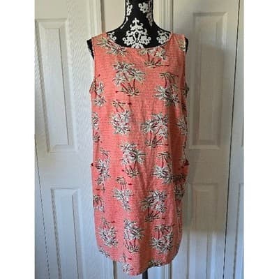 White Stag Coral Palm Tree Script Print Sleeveless Pocket Dress Ladies Large - Image 1