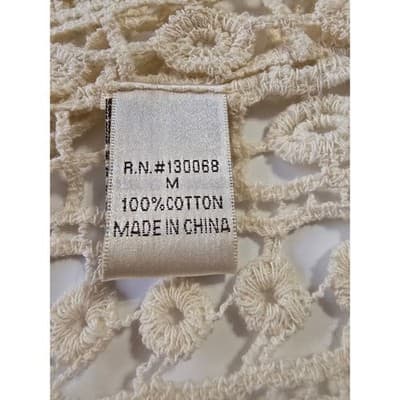 Womens Cream Crochet Cotton Poncho Top Fringe Boho Festival Coverup Medium - Thumbnail 4