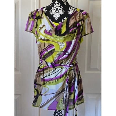 Womens Abstract Print Sheer Overlay Tunic Blouse Top Short Sleeve Belted - Image 1