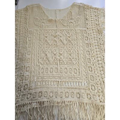 Womens Cream Crochet Cotton Poncho Top Fringe Boho Festival Coverup Medium - Thumbnail 8