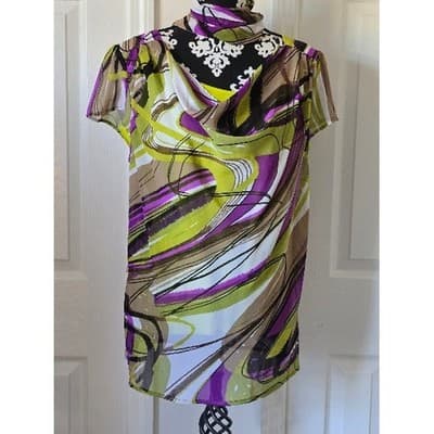 Womens Abstract Print Sheer Overlay Tunic Blouse Top Short Sleeve Belted - Thumbnail 4