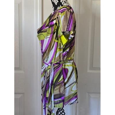 Womens Abstract Print Sheer Overlay Tunic Blouse Top Short Sleeve Belted - Thumbnail 3