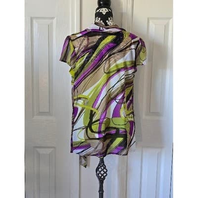 Womens Abstract Print Sheer Overlay Tunic Blouse Top Short Sleeve Belted - Thumbnail 2