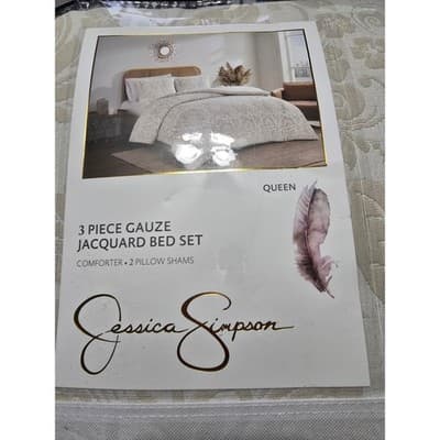 Jessica Simpson Queen 3 Piece Gauze Jacquard Bed Set Cream Floral Comforter Sham - Thumbnail 2