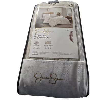 Jessica Simpson Queen 3 Piece Gauze Jacquard Bed Set Cream Floral Comforter Sham - Thumbnail 8