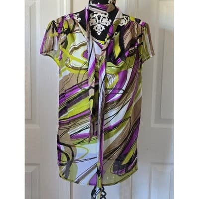 Womens Abstract Print Sheer Overlay Tunic Blouse Top Short Sleeve Belted - Thumbnail 5