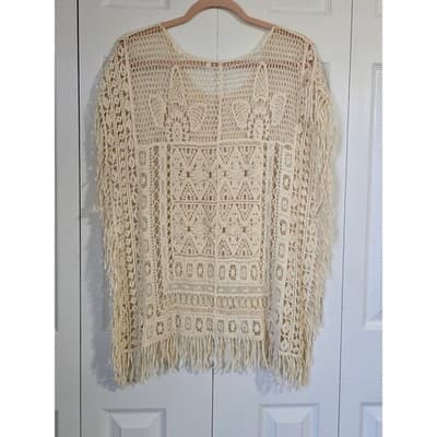 Womens Cream Crochet Cotton Poncho Top Fringe Boho Festival Coverup Medium - Thumbnail 2