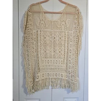 Womens Cream Crochet Cotton Poncho Top Fringe Boho Festival Coverup Medium - Image 1