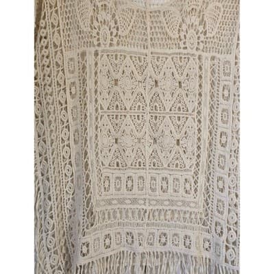 Womens Cream Crochet Cotton Poncho Top Fringe Boho Festival Coverup Medium - Thumbnail 11