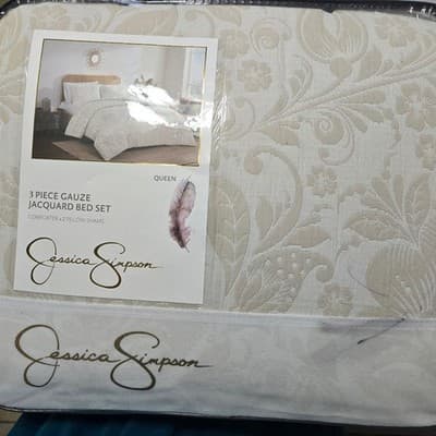 Jessica Simpson Queen 3 Piece Gauze Jacquard Bed Set Cream Floral Comforter Sham - Thumbnail 9