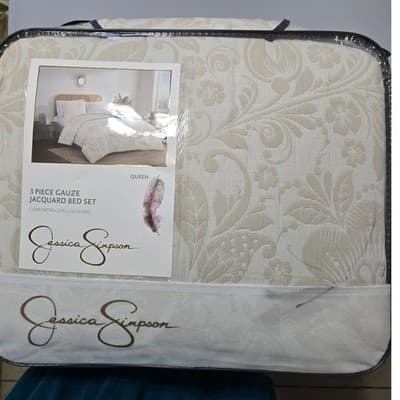 Jessica Simpson Queen 3 Piece Gauze Jacquard Bed Set Cream Floral Comforter Sham - Thumbnail 11