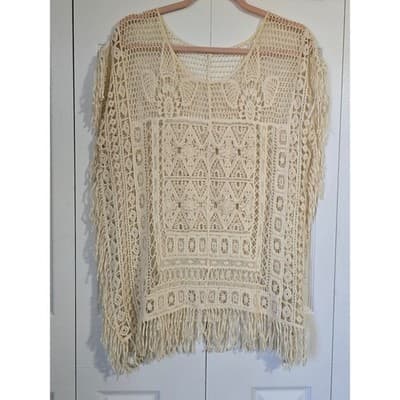 Womens Cream Crochet Cotton Poncho Top Fringe Boho Festival Coverup Medium - Thumbnail 13