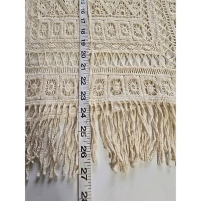 Womens Cream Crochet Cotton Poncho Top Fringe Boho Festival Coverup Medium - Thumbnail 7