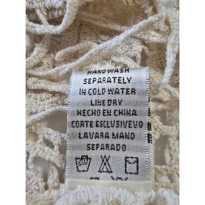 Womens Cream Crochet Cotton Poncho Top Fringe Boho Festival Coverup Medium - Thumbnail 3