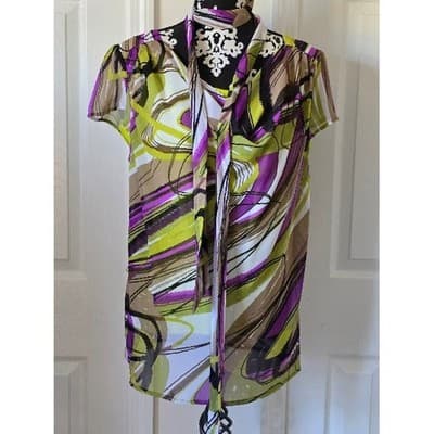 Womens Abstract Print Sheer Overlay Tunic Blouse Top Short Sleeve Belted - Thumbnail 6