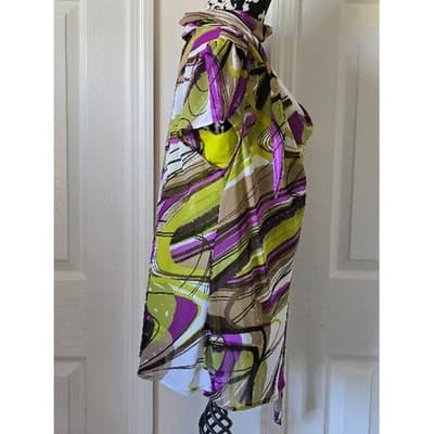 Womens Abstract Print Sheer Overlay Tunic Blouse Top Short Sleeve Belted - Thumbnail 7