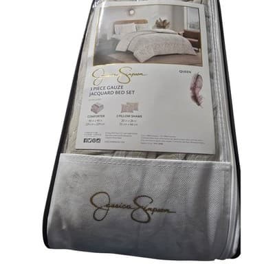 Jessica Simpson Queen 3 Piece Gauze Jacquard Bed Set Cream Floral Comforter Sham - Thumbnail 4