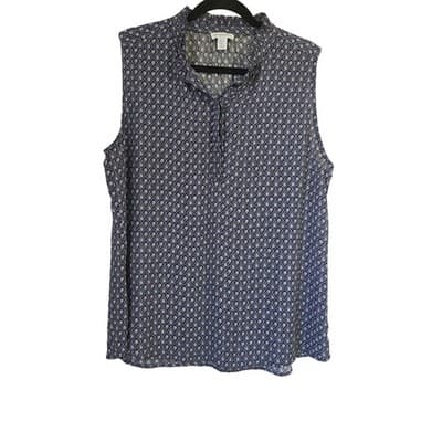 Carolina Belle Sleeveless Purple Geometric Teardrop Print Ruffle Neck Blouse XL - Image 1