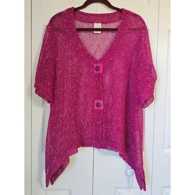 Blair Magenta Pink Open Knit Short Sleeve Cardigan Sweater XL Sharkbite Hem - Image 1