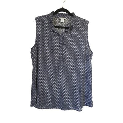 Carolina Belle Sleeveless Purple Geometric Teardrop Print Ruffle Neck Blouse XL - Thumbnail 10