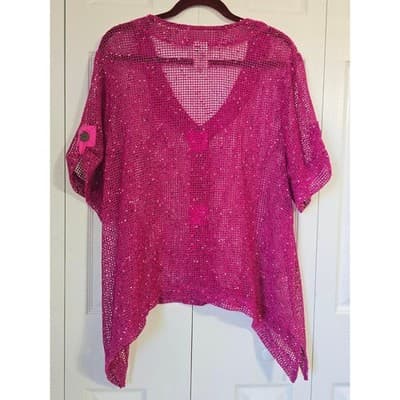 Blair Magenta Pink Open Knit Short Sleeve Cardigan Sweater XL Sharkbite Hem - Thumbnail 2