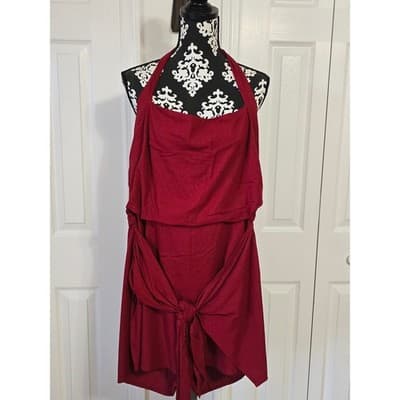 Bar III Red Halter Neck Tie Waist Romper Jumpsuit Women's Size 10 - Thumbnail 2
