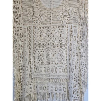 Womens Cream Crochet Cotton Poncho Top Fringe Boho Festival Coverup Medium - Thumbnail 10