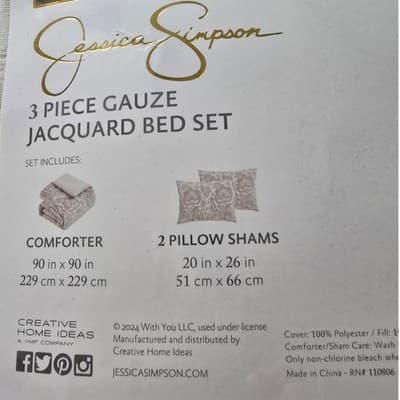 Jessica Simpson Queen 3 Piece Gauze Jacquard Bed Set Cream Floral Comforter Sham - Thumbnail 3