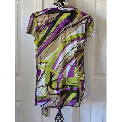 Womens Abstract Print Sheer Overlay Tunic Blouse Top Short Sleeve Belted - Thumbnail 8