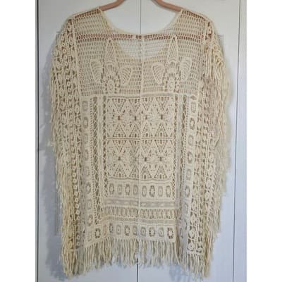 Womens Cream Crochet Cotton Poncho Top Fringe Boho Festival Coverup Medium - Thumbnail 9