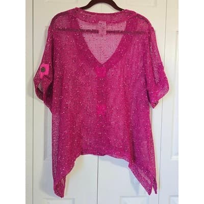 Blair Magenta Pink Open Knit Short Sleeve Cardigan Sweater XL Sharkbite Hem - Thumbnail 8